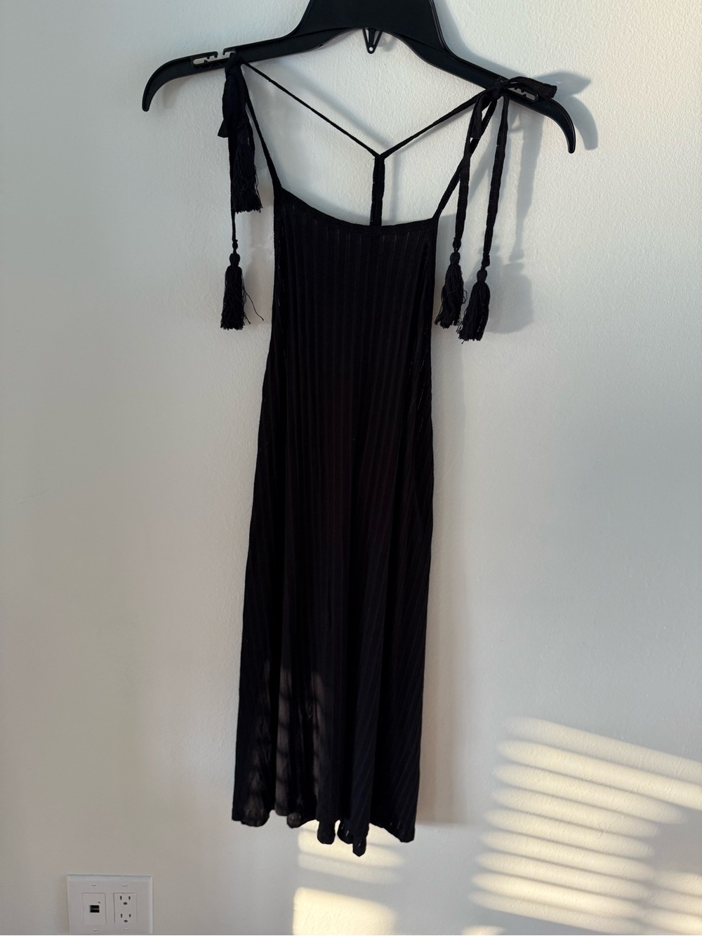 Billabong Black Ribbed Tie-Shoulder Midi Dress with Tassels